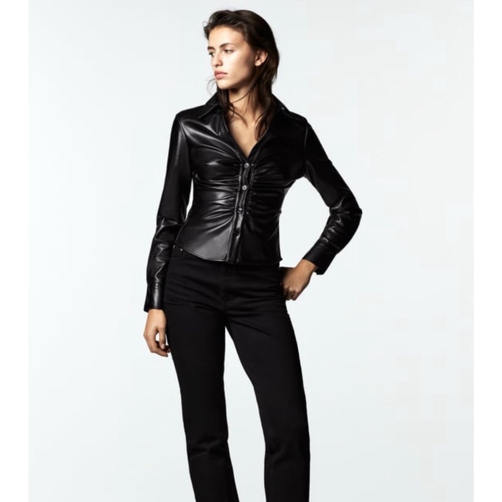 Black Faux Leather Button-Front Women's Top